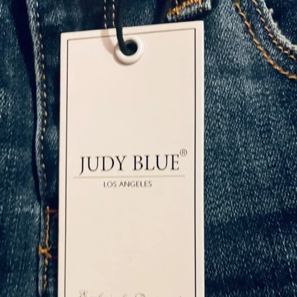 JUDY BLUE LOS ANGELES MID RISE BLUE FLANNEL PATCH STRETCH JEANS - Picture 5 of 10